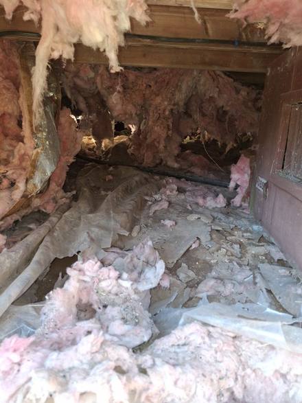 Crawl space with fallen insulation and torn plastic on the floor
